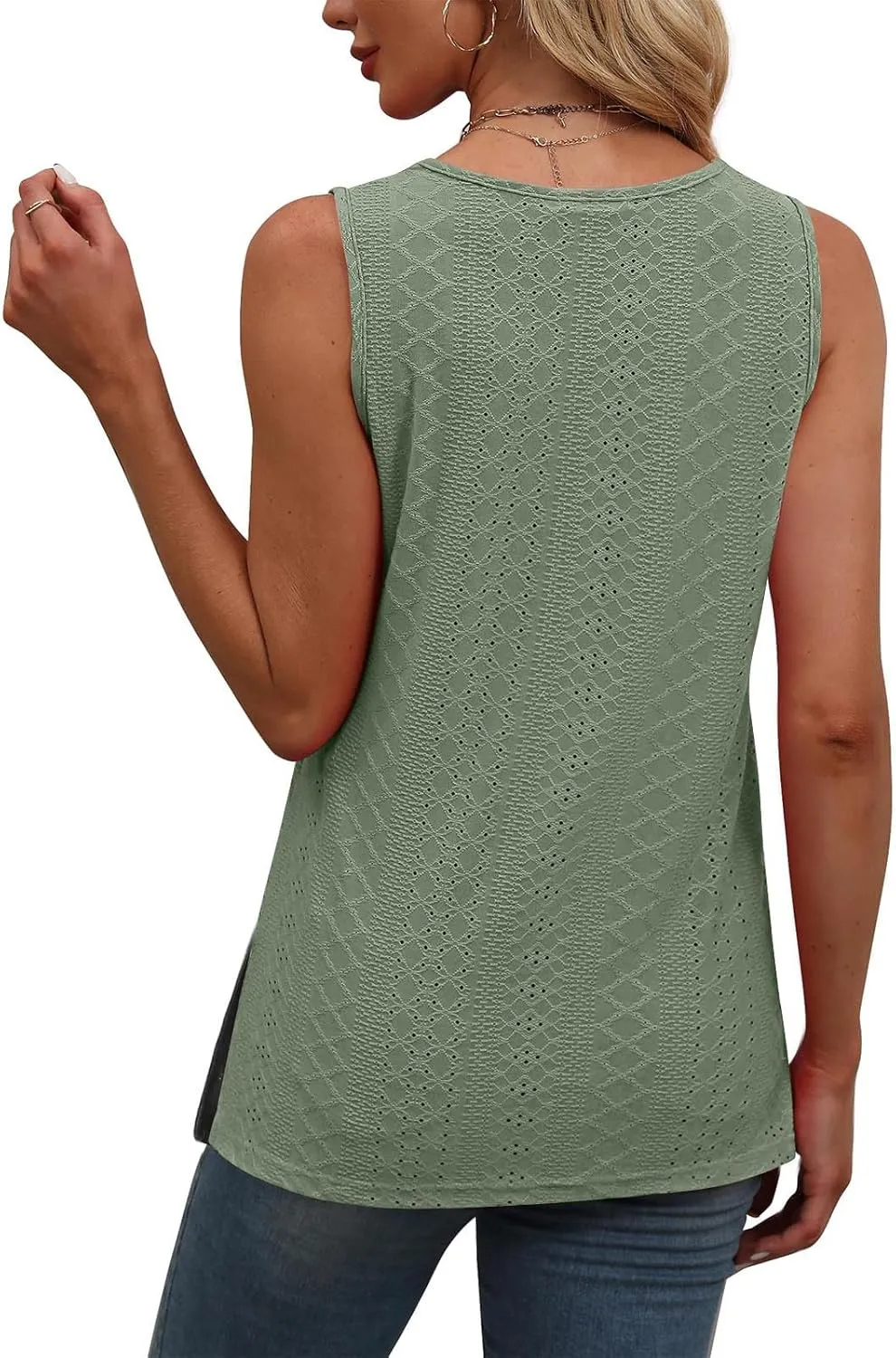 Women's Summer Eyelet Tank Tops 2025 Trendy Sleeveless Hollow Out Shirt Casual Basic Side Slit Beach Vacation Blouse