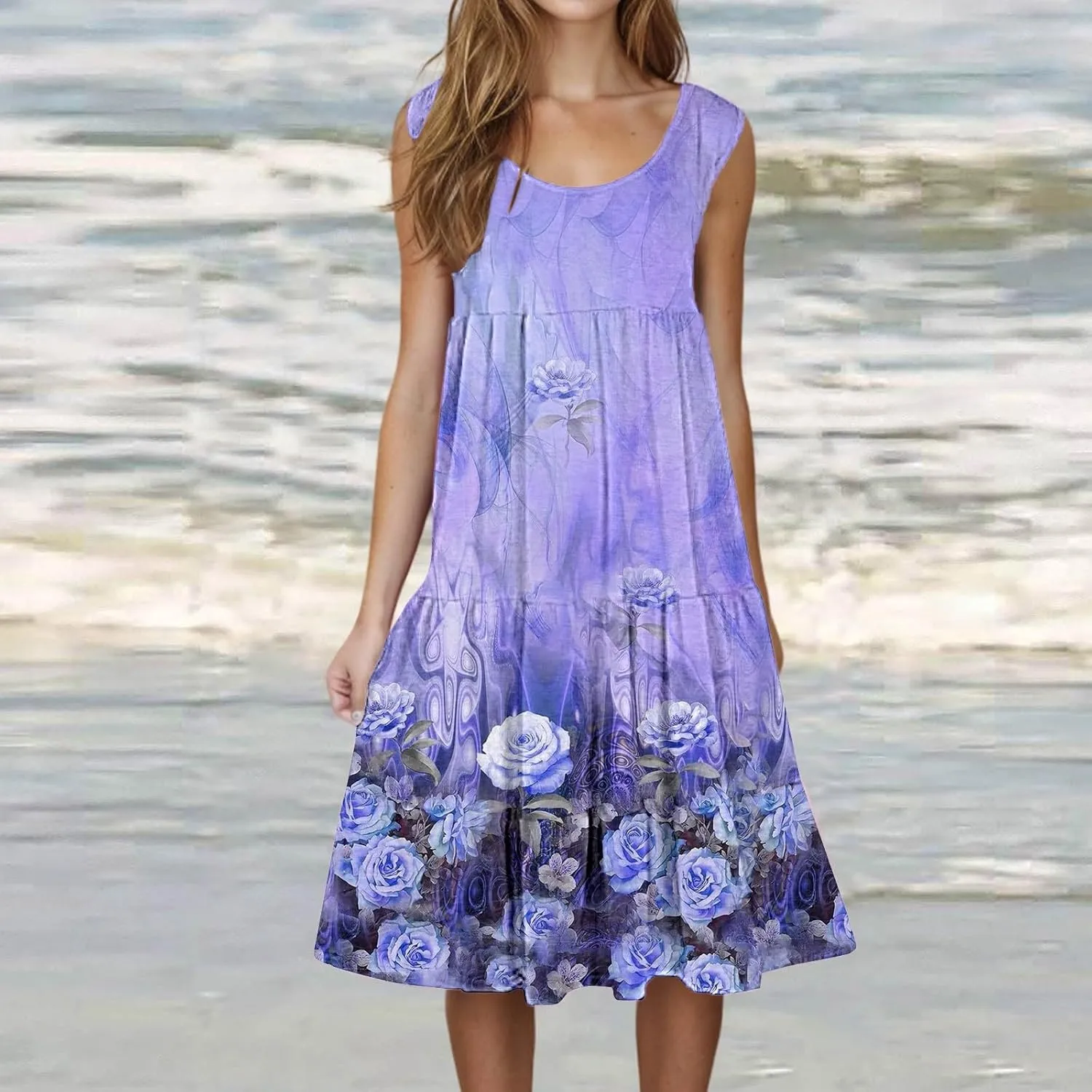 Women's Summer Floral Dresses 2025 Casual Loose Crew Neck Midi Dress Sleeveless Vacation Beach Sundresses