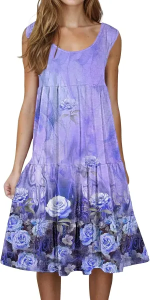 Women's Summer Floral Dresses 2025 Casual Loose Crew Neck Midi Dress Sleeveless Vacation Beach Sundresses
