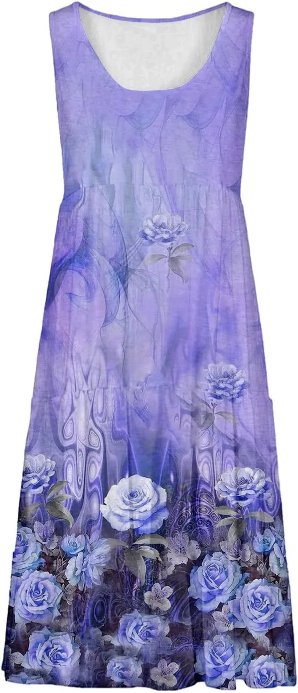 Women's Summer Floral Dresses 2025 Casual Loose Crew Neck Midi Dress Sleeveless Vacation Beach Sundresses