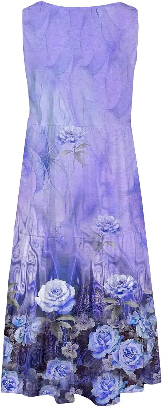 Women's Summer Floral Dresses 2025 Casual Loose Crew Neck Midi Dress Sleeveless Vacation Beach Sundresses