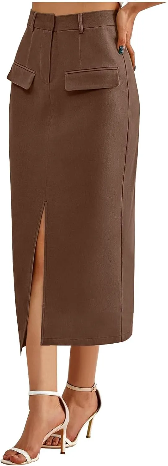 Women's Summer High Waist Split Warp A Line Dressy Long Skirts Trendy Business Work Pencil Midi Skirt with Pockets