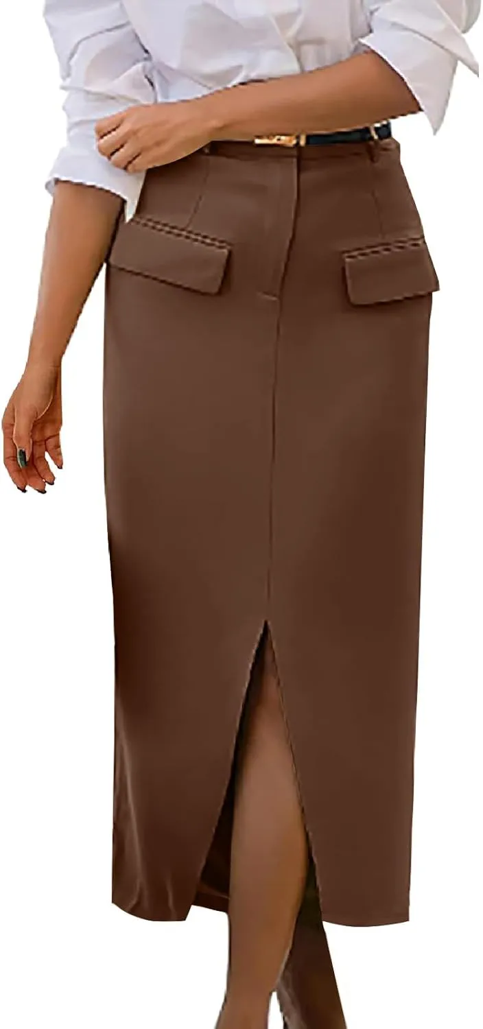 Women's Summer High Waist Split Warp A Line Dressy Long Skirts Trendy Business Work Pencil Midi Skirt with Pockets