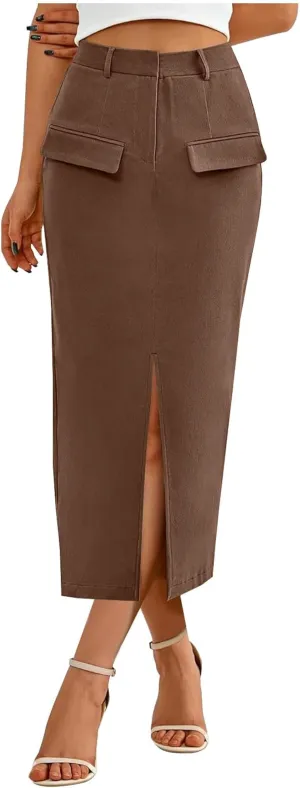 Women's Summer High Waist Split Warp A Line Dressy Long Skirts Trendy Business Work Pencil Midi Skirt with Pockets