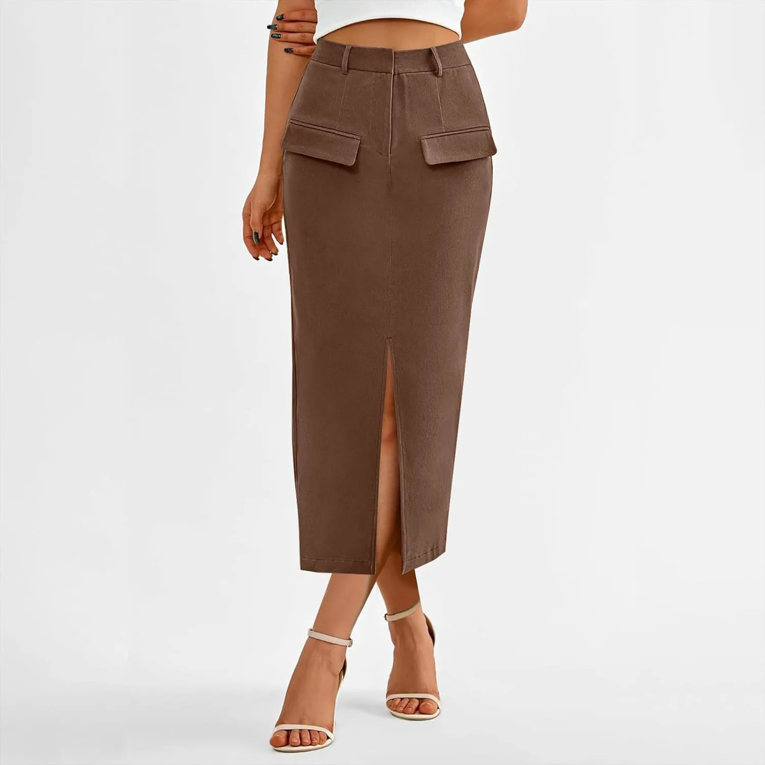 Women's Summer High Waist Split Warp A Line Dressy Long Skirts Trendy Business Work Pencil Midi Skirt with Pockets