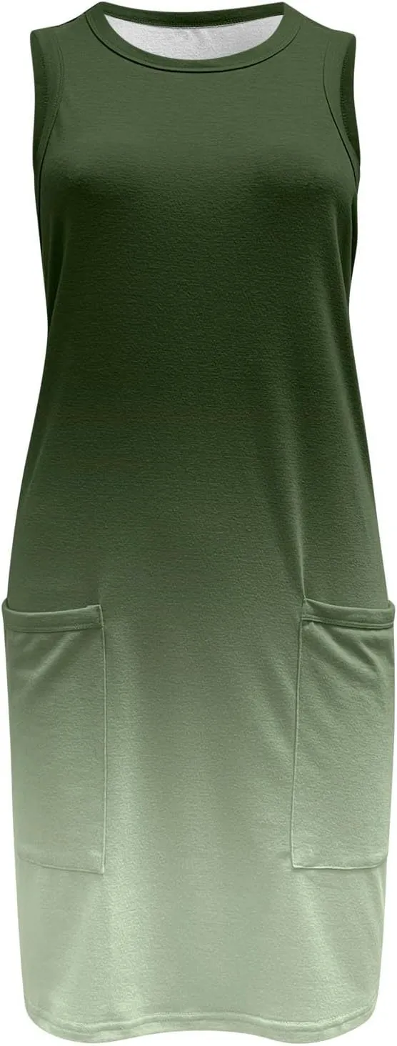 Womens Summer Mini Dress 2025 Vacation Casual Sleeveless Crewneck Basic T Shirt Dresses with Pockets