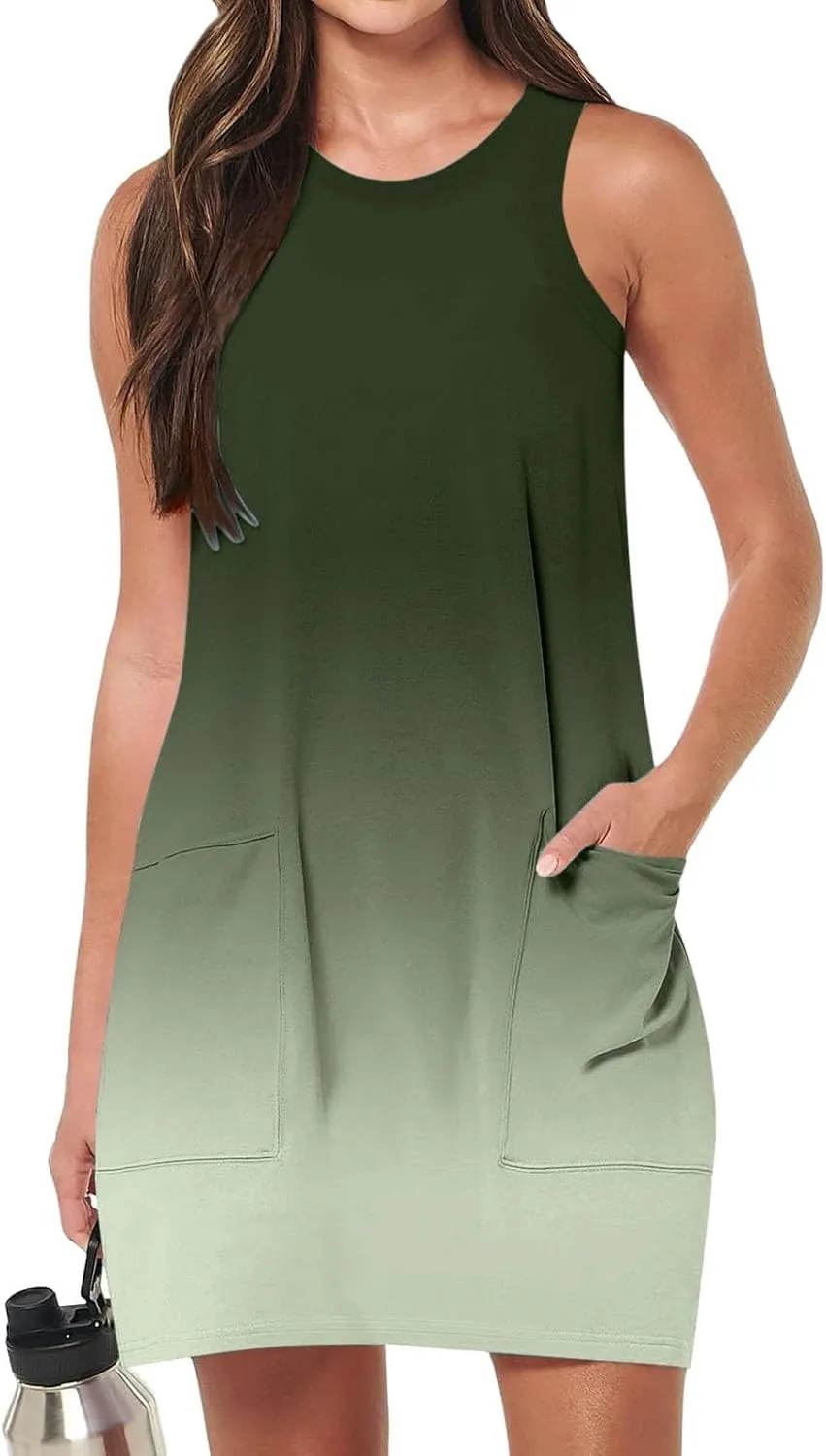 Womens Summer Mini Dress 2025 Vacation Casual Sleeveless Crewneck Basic T Shirt Dresses with Pockets