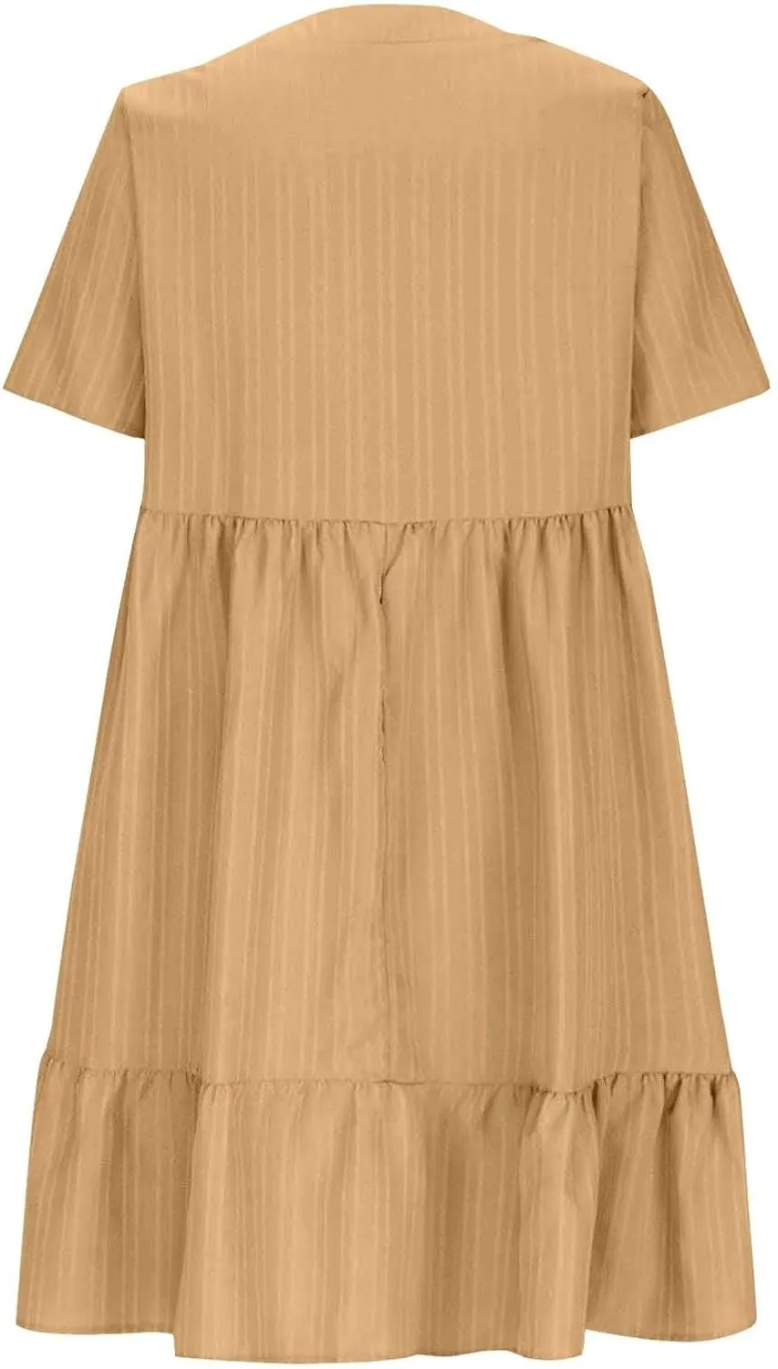 Women's Summer Short Sleeve Dress V Neck High Waist A-Line Midi Tank Dresses 2025 Beach Vacation Boho Sundresses with Pockets