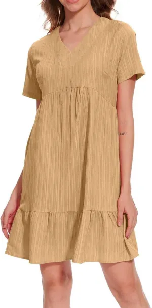 Women's Summer Short Sleeve Dress V Neck High Waist A-Line Midi Tank Dresses 2025 Beach Vacation Boho Sundresses with Pockets