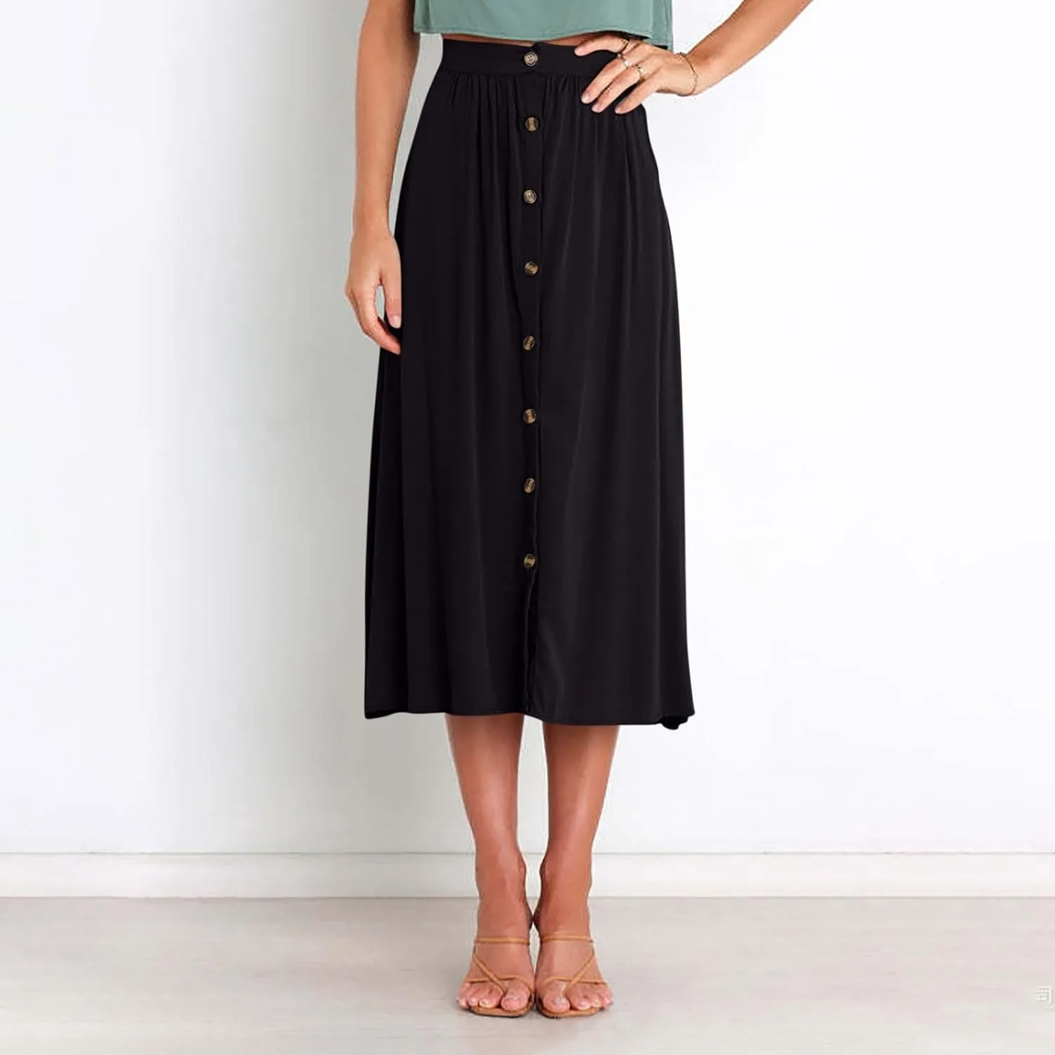 Womens Summer Skirts Casual Front Button A-Line High Waisted Midi Skirt with Pocket Flowy Solid Color Fashion Going Out Skirt