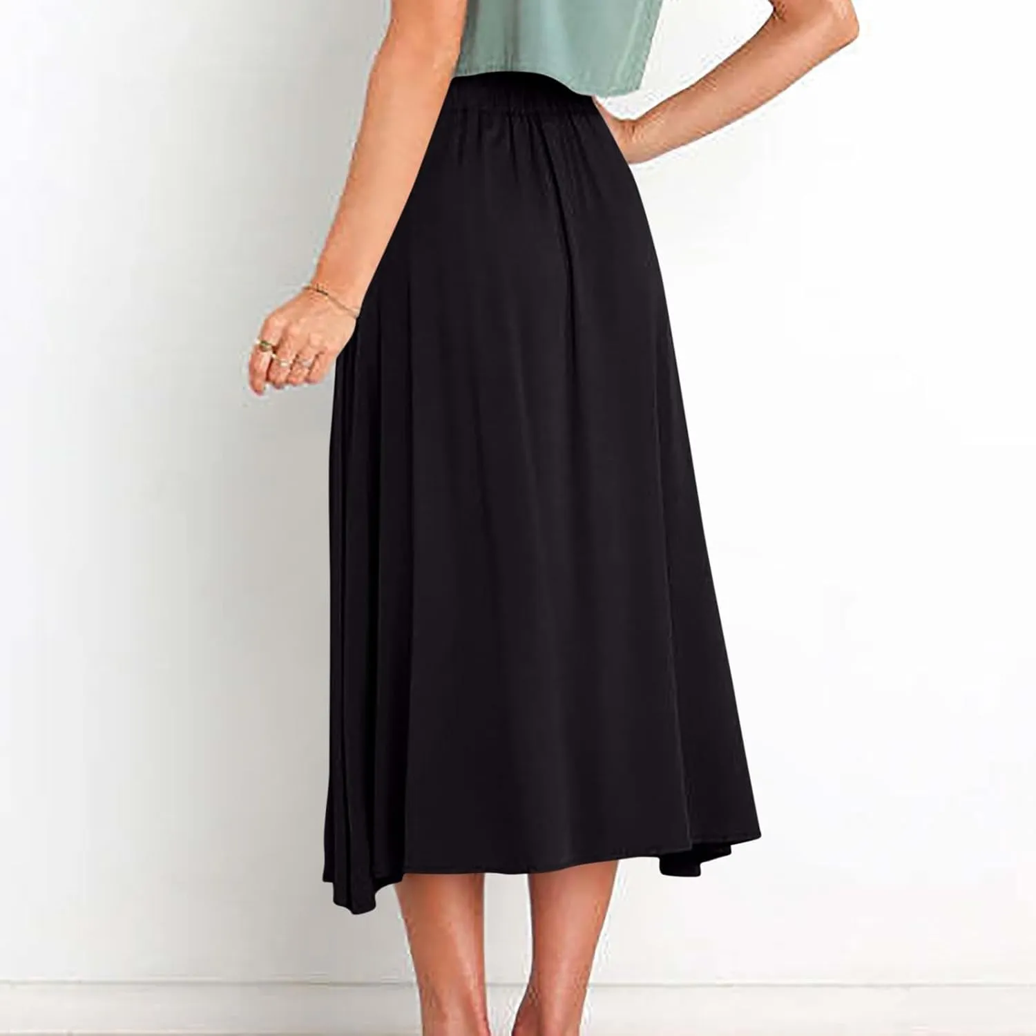 Womens Summer Skirts Casual Front Button A-Line High Waisted Midi Skirt with Pocket Flowy Solid Color Fashion Going Out Skirt