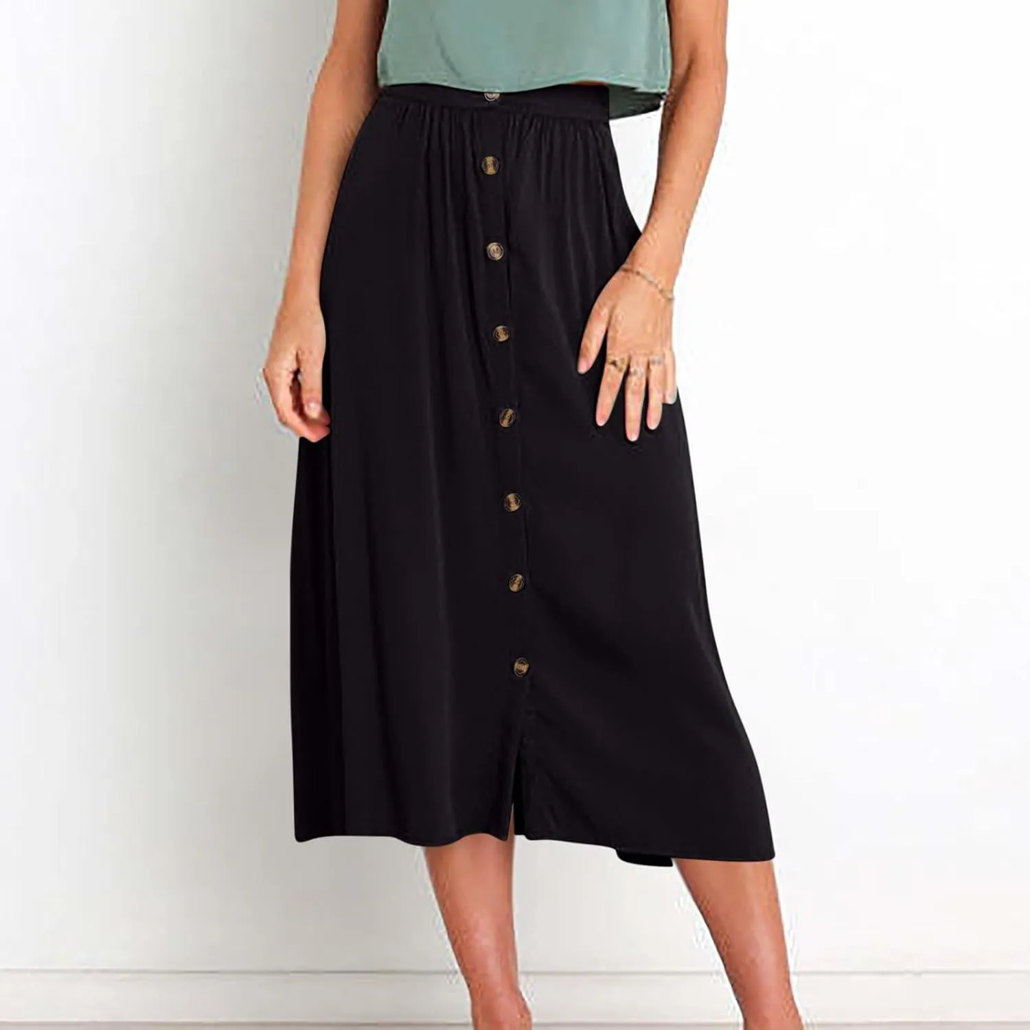 Womens Summer Skirts Casual Front Button A-Line High Waisted Midi Skirt with Pocket Flowy Solid Color Fashion Going Out Skirt