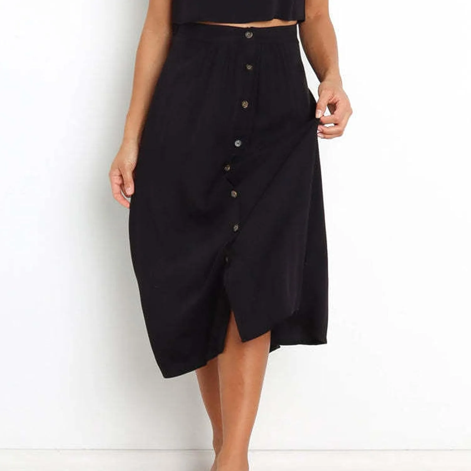 Womens Summer Skirts Casual Front Button A-Line High Waisted Midi Skirt with Pocket Flowy Solid Color Fashion Going Out Skirt