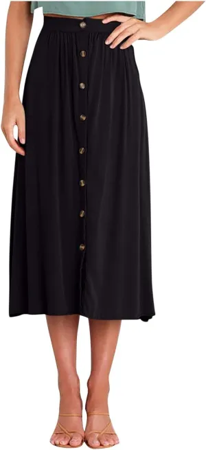 Womens Summer Skirts Casual Front Button A-Line High Waisted Midi Skirt with Pocket Flowy Solid Color Fashion Going Out Skirt