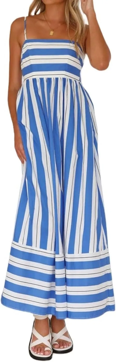 Womens Summer Striped Back Smocked Maxi Sundresses Sleeveless Suspender Swing Casual Bohemian Dress