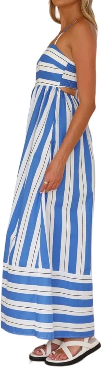 Womens Summer Striped Back Smocked Maxi Sundresses Sleeveless Suspender Swing Casual Bohemian Dress