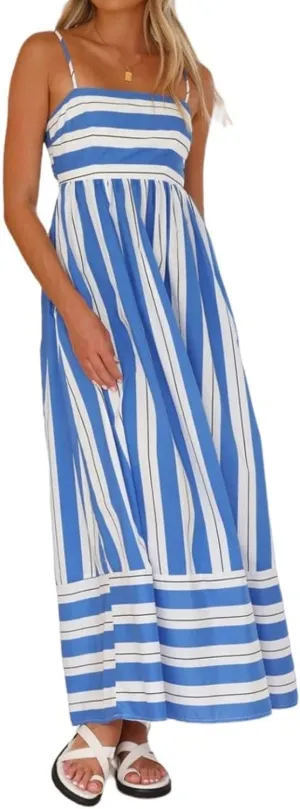 Womens Summer Striped Back Smocked Maxi Sundresses Sleeveless Suspender Swing Casual Bohemian Dress