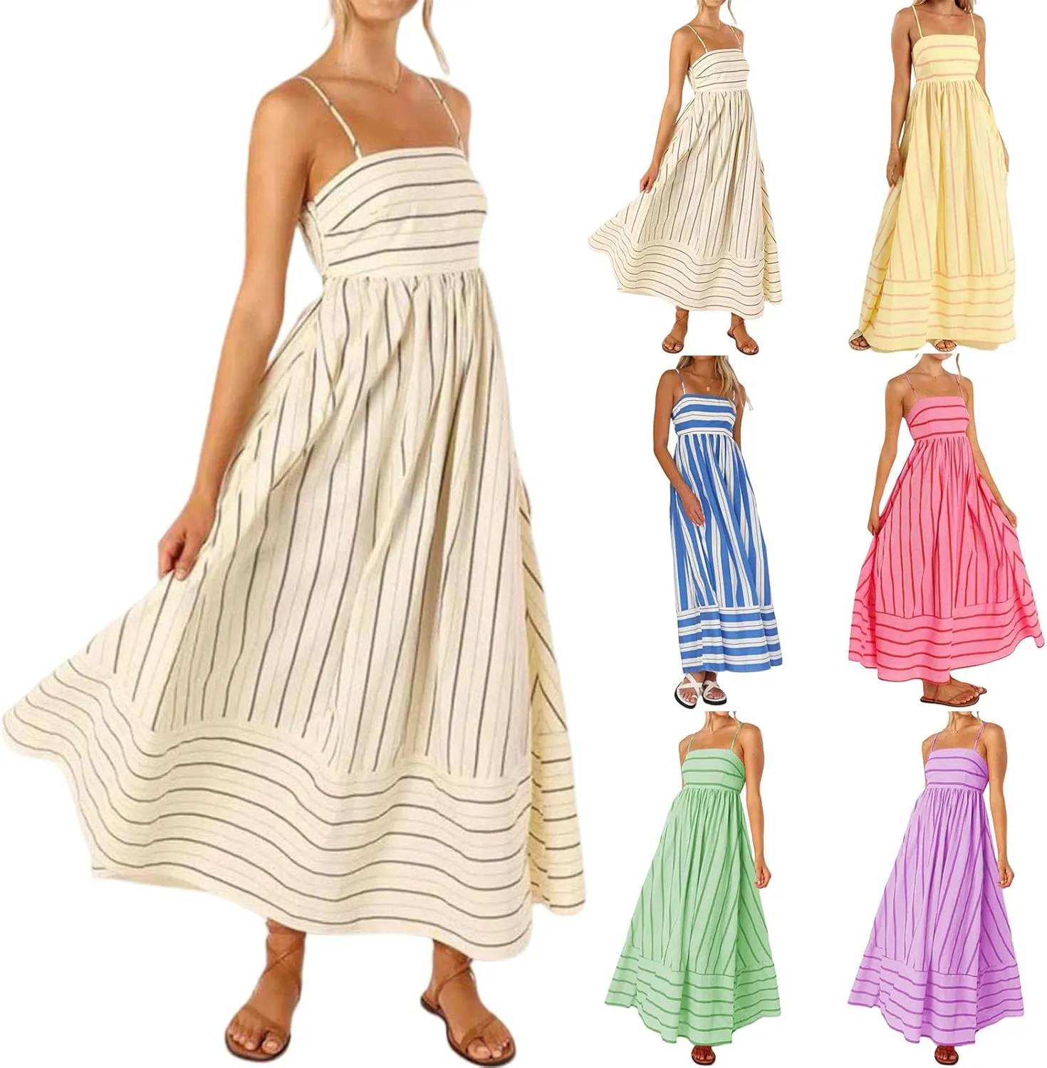 Womens Summer Striped Back Smocked Maxi Sundresses Sleeveless Suspender Swing Casual Bohemian Dress