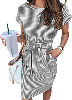 Women's Summer Striped Short Sleeve T Shirt Dress 2025 Loose Mini Dress Tie Waist Office Dresses with Pockets