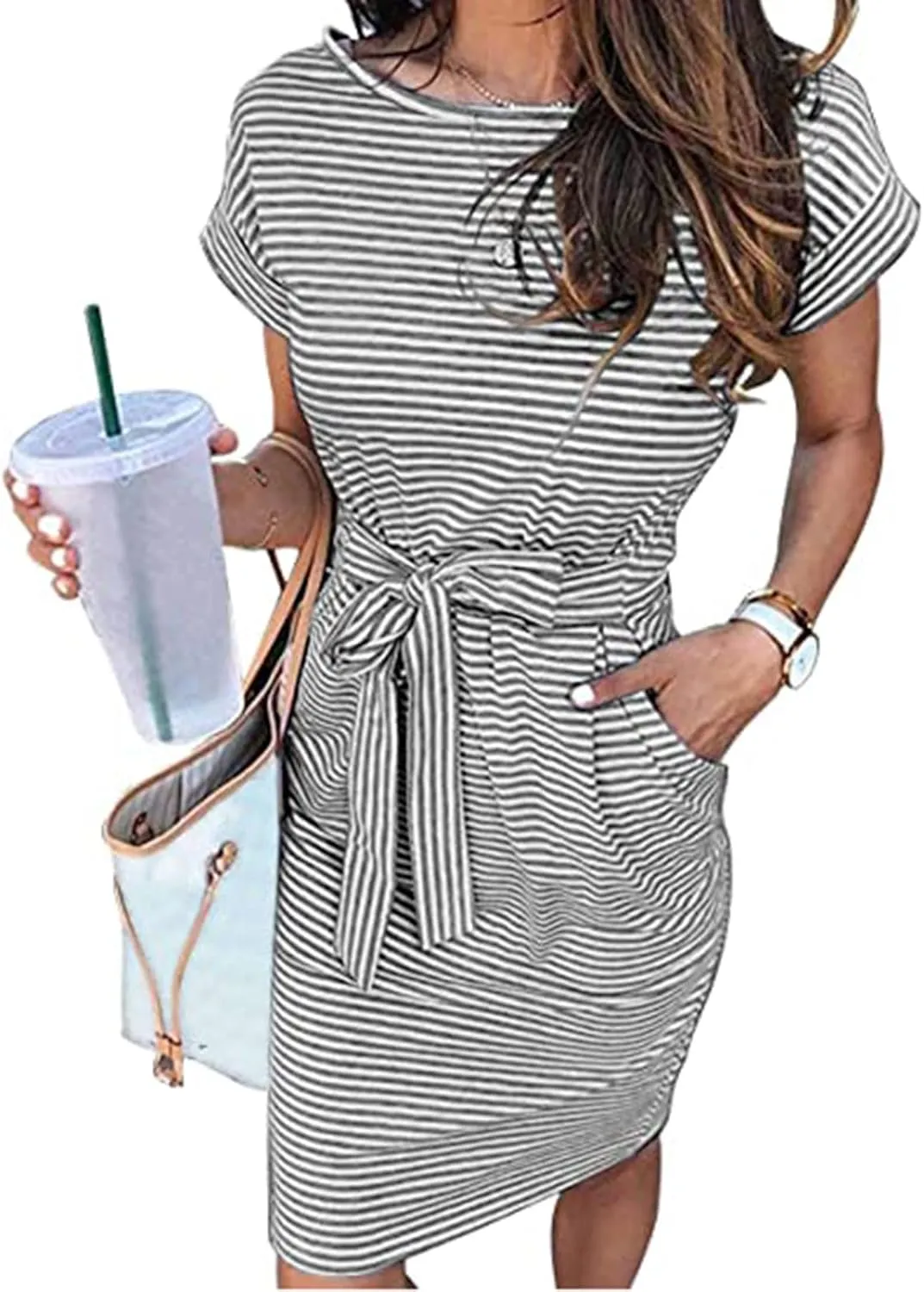Women's Summer Striped Short Sleeve T Shirt Dress 2025 Loose Mini Dress Tie Waist Office Dresses with Pockets