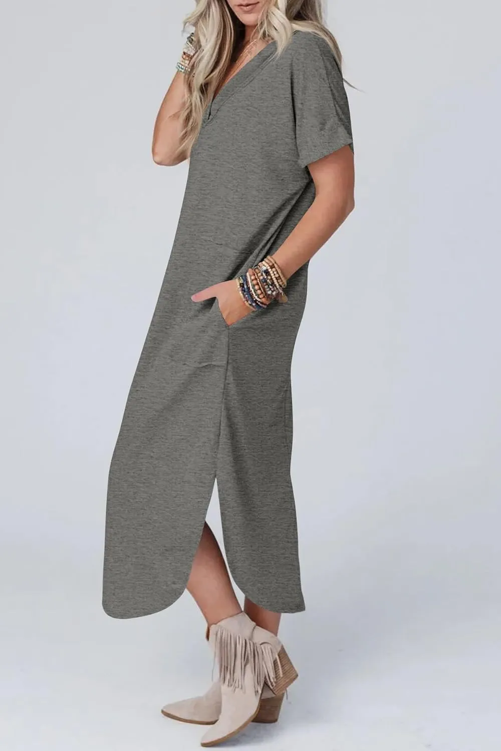 Womens Summer T Shirt Dress Casual V Neck Maxi Dresses Split Maxi Beach Sundress Short Sleeve Boho Dress Travel Outfit
