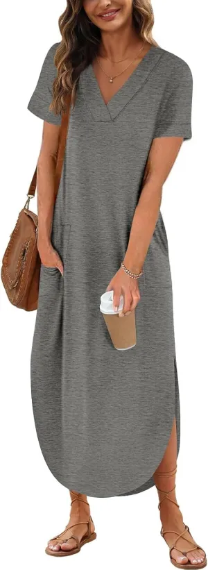 Womens Summer T Shirt Dress Casual V Neck Maxi Dresses Split Maxi Beach Sundress Short Sleeve Boho Dress Travel Outfit