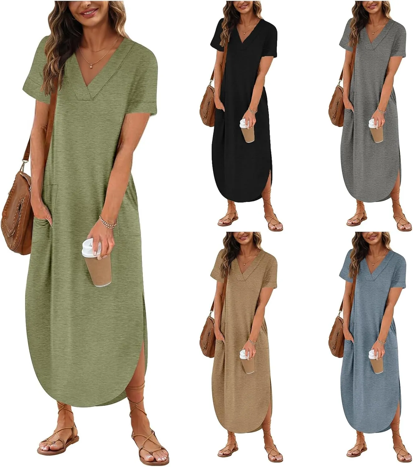 Womens Summer T Shirt Dress Casual V Neck Maxi Dresses Split Maxi Beach Sundress Short Sleeve Boho Dress Travel Outfit