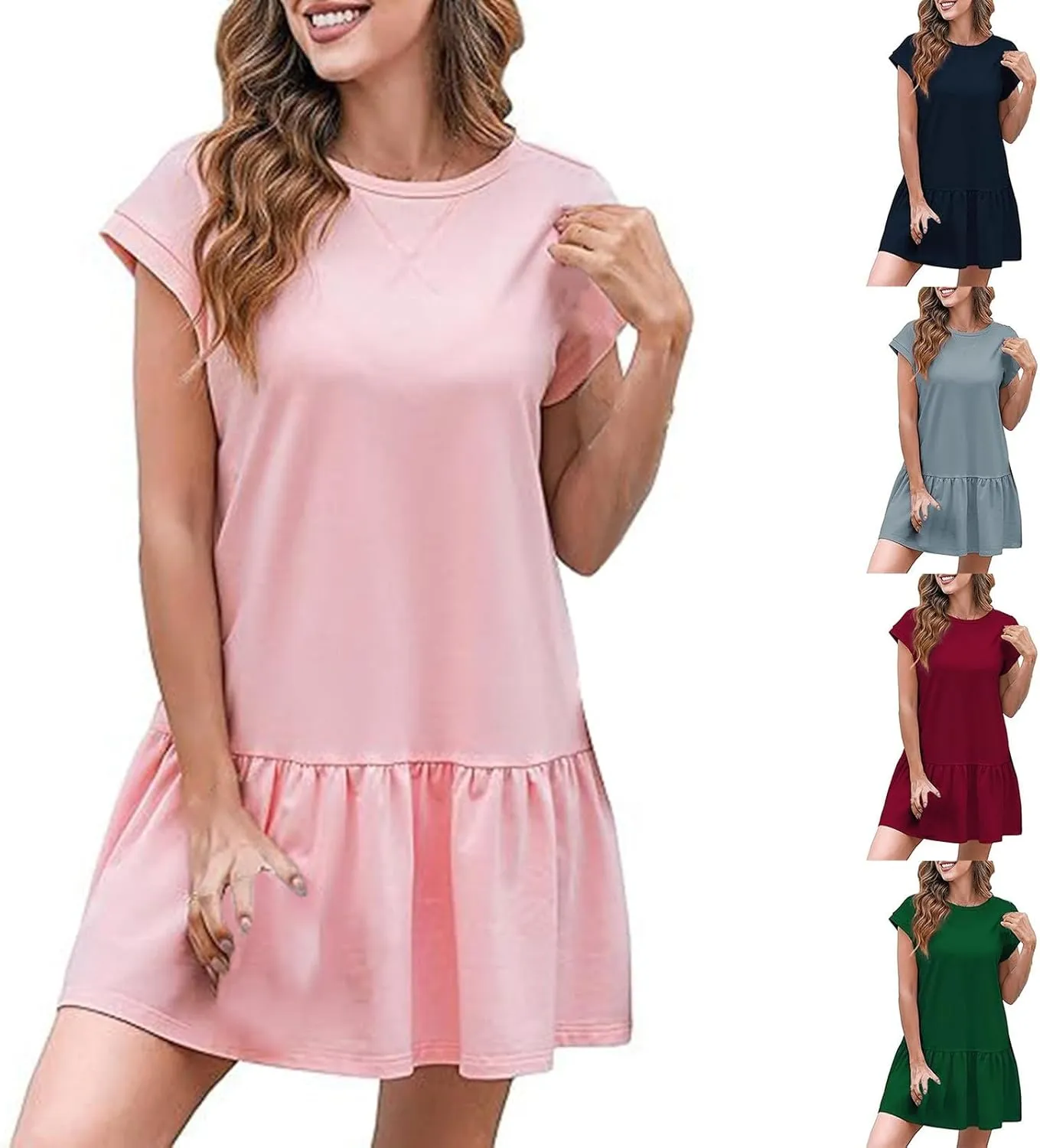 Womens Summer T Shirt Dress Casual V Neck Short Sleeve Mini Sundress Ruffled Hem A Line Short Dresses 2025