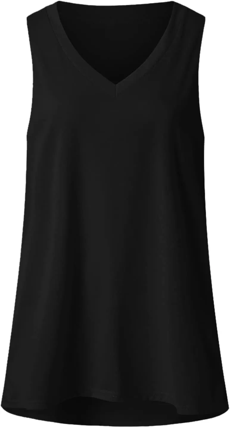 Womens Summer Tank Tops Sleeveless V Neck T Shirts Trendy Side Split Tshirt Loose Fit Flowy Shirt Casual Basic Tees
