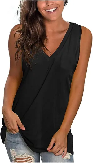 Womens Summer Tank Tops Sleeveless V Neck T Shirts Trendy Side Split Tshirt Loose Fit Flowy Shirt Casual Basic Tees