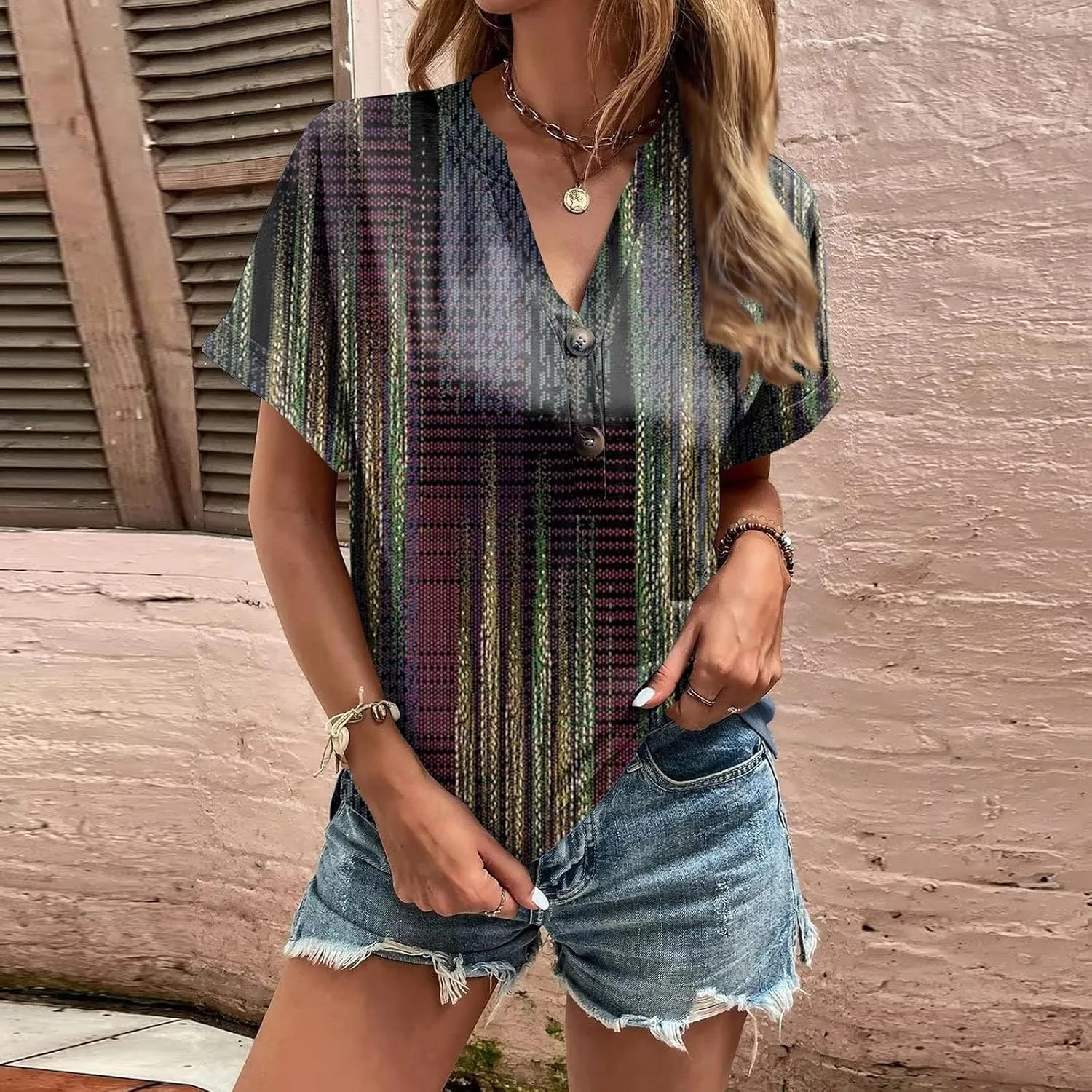 Womens Summer Tops 2024 V Neck Short Sleeve Button Casual Loose Shirts Dressy Blouses Trendy Tunic Tops for Women
