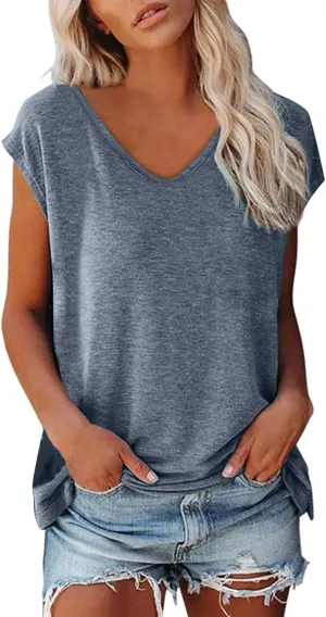 Women's Summer Tops 2025 Trendy Plus Size Cap Sleeve T Shirts Loose Fit Tank Top V Neck Solid Casual Tunic Blouse