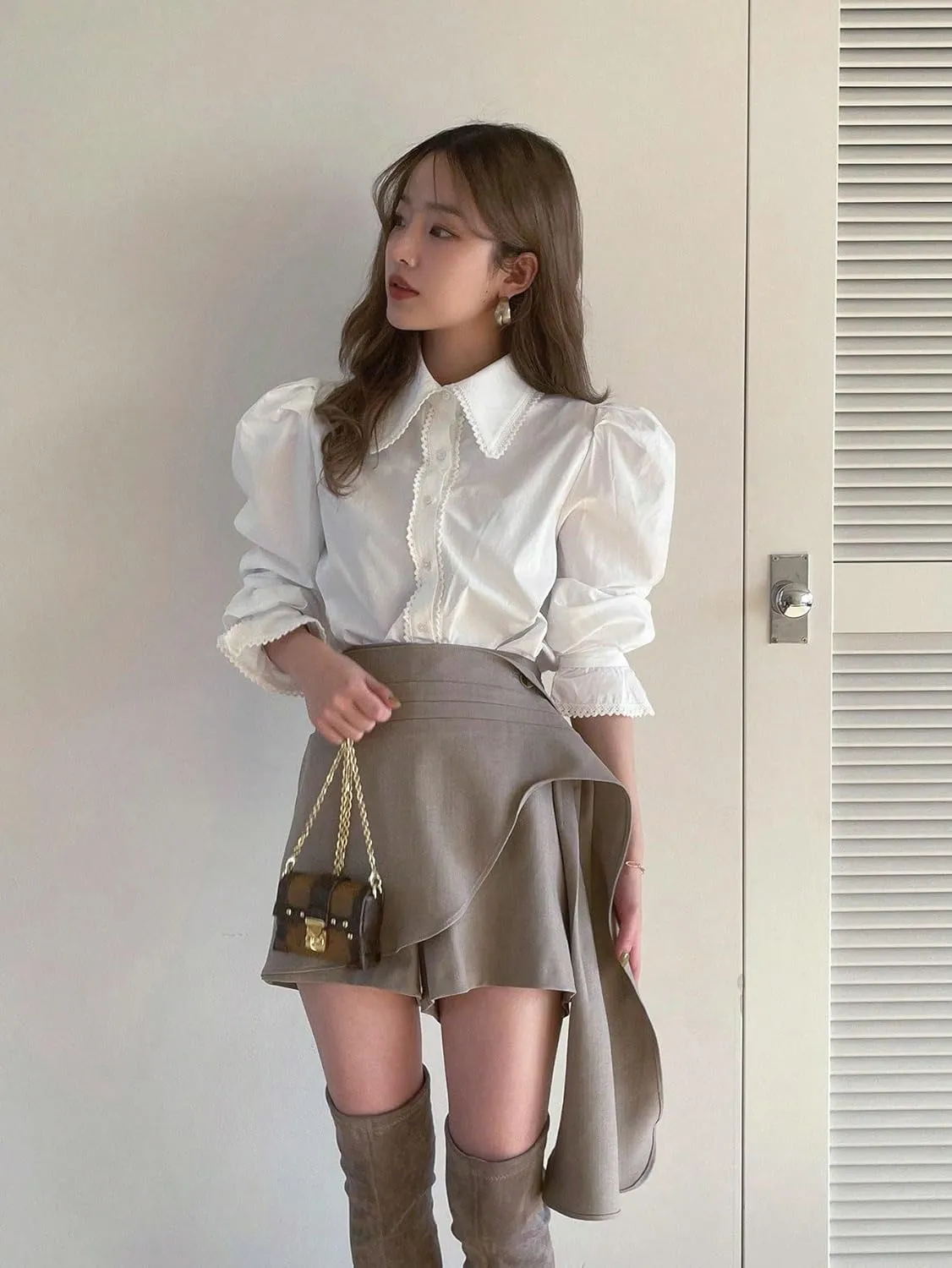 Womens Summer Work Blouse Solid Puff Sleeve Button Front Shirt Long Sleeve Tops Tops