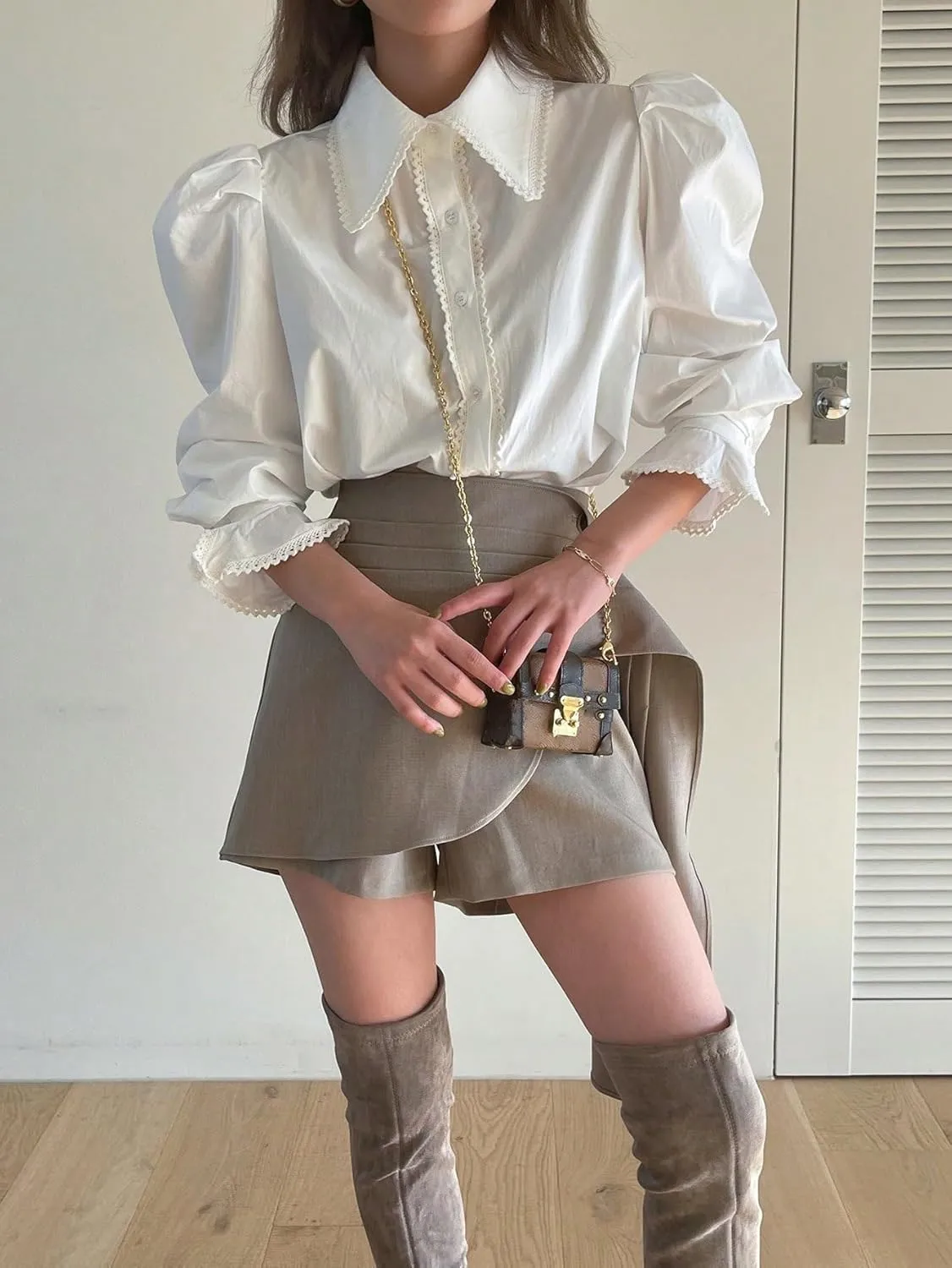 Womens Summer Work Blouse Solid Puff Sleeve Button Front Shirt Long Sleeve Tops Tops