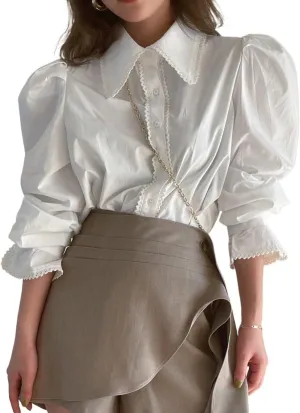 Womens Summer Work Blouse Solid Puff Sleeve Button Front Shirt Long Sleeve Tops Tops