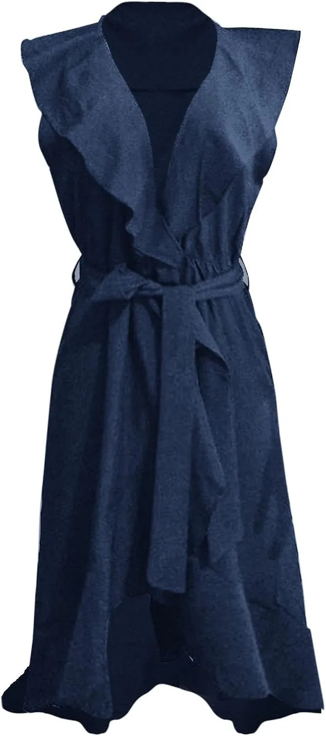 Women's Summer Wrap V Neck Split Party Dress Ruffle Short Sleeve Midi Dresses with Belt Boho Beach Long Dresses