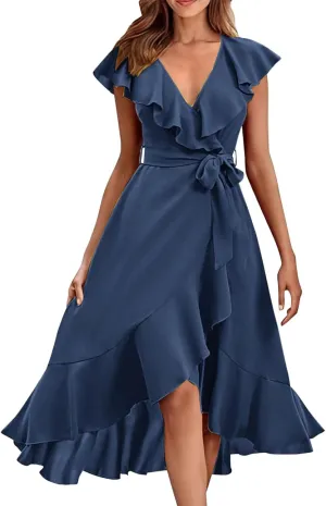 Women's Summer Wrap V Neck Split Party Dress Ruffle Short Sleeve Midi Dresses with Belt Boho Beach Long Dresses