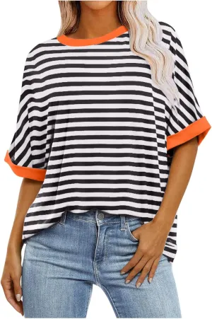 Womens Sweatshirt Casual Striped Color Block Short Sleeve Crewneck Shirt Summer Y2k Tops Oversized Tshirts for Women