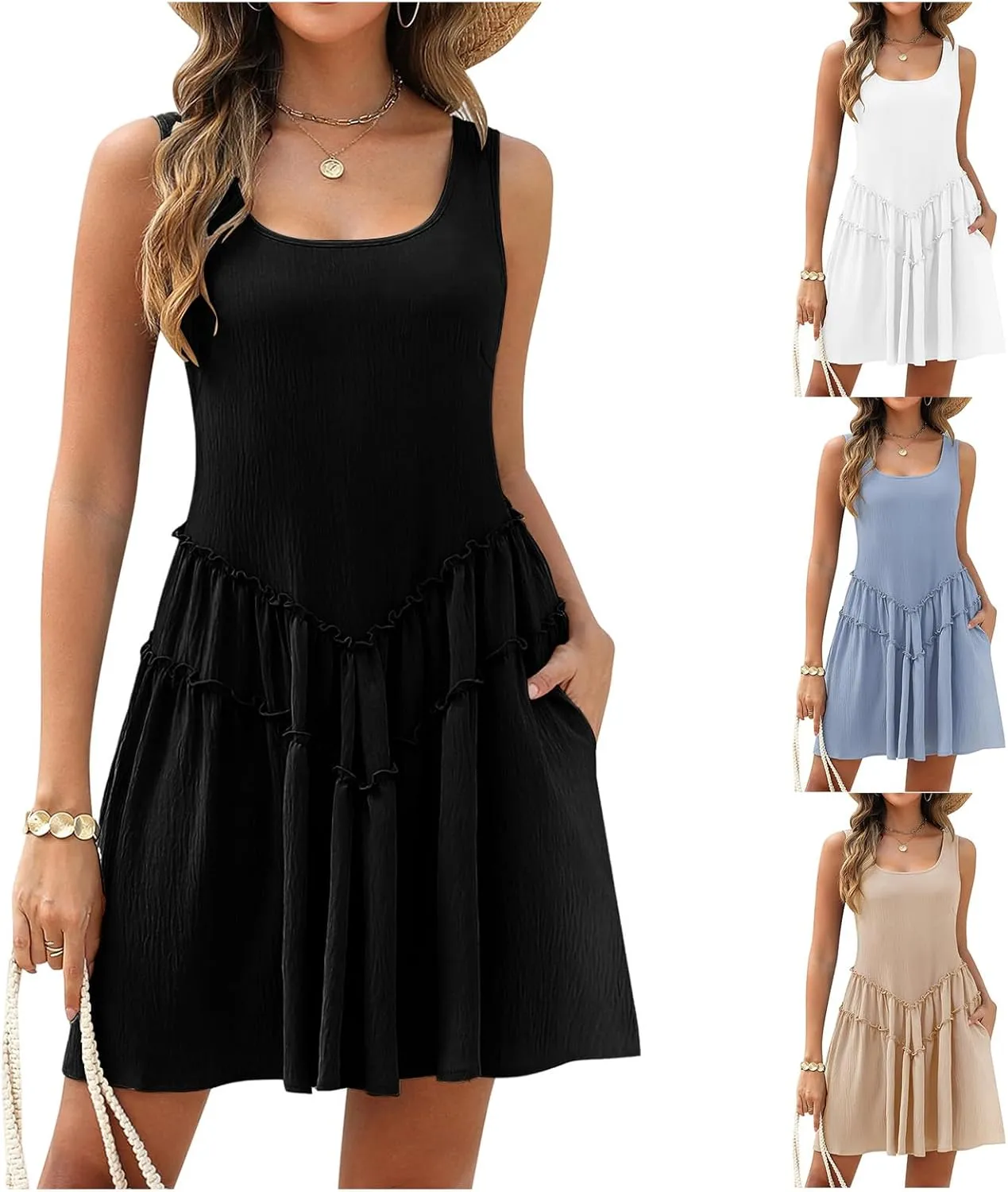 Womens Swimsuit Coverup Summer Sleeveless Square Neck Sundresses Casual Flowy Tiered Beach Vacation Swim Suits