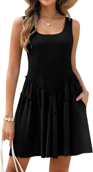 Womens Swimsuit Coverup Summer Sleeveless Square Neck Sundresses Casual Flowy Tiered Beach Vacation Swim Suits