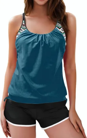 Women's Tankini Bathing Suit Tummy Control Two Piece Graphic Swim Tank Top with Boyshorts Ladies Plus Size Swimwear