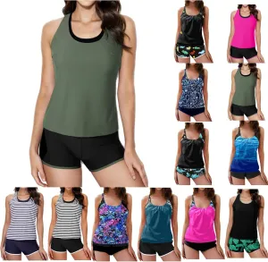 Women's Tankini Bathing Suit Tummy Control Two Piece Graphic Swim Tank Top with Boyshorts Ladies Plus Size Swimwear