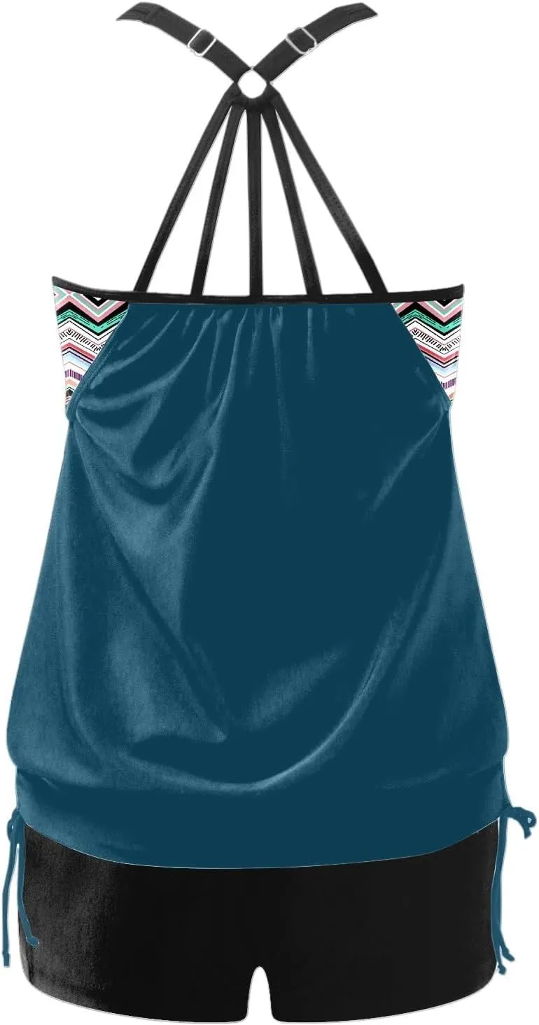 Women's Tankini Bathing Suit Tummy Control Two Piece Graphic Swim Tank Top with Boyshorts Ladies Plus Size Swimwear