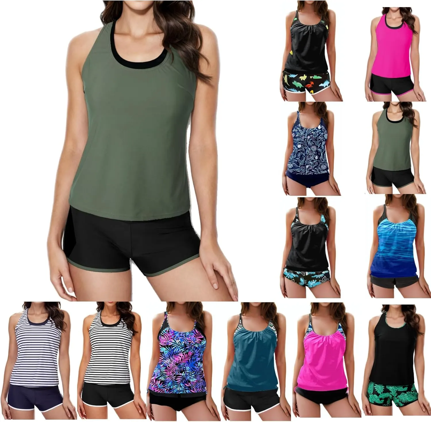 Women's Tankini Bathing Suit Tummy Control Two Piece Graphic Swim Tank Top with Boyshorts Ladies Plus Size Swimwear