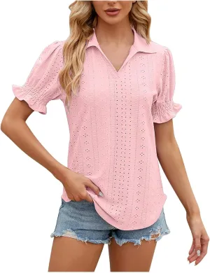 Womens Tops Summer Puff Sleeve Lapel V Neck Tshirts Eyelet Loose Fit Tunic Shirts Hollow Out Casual Tees Blouses