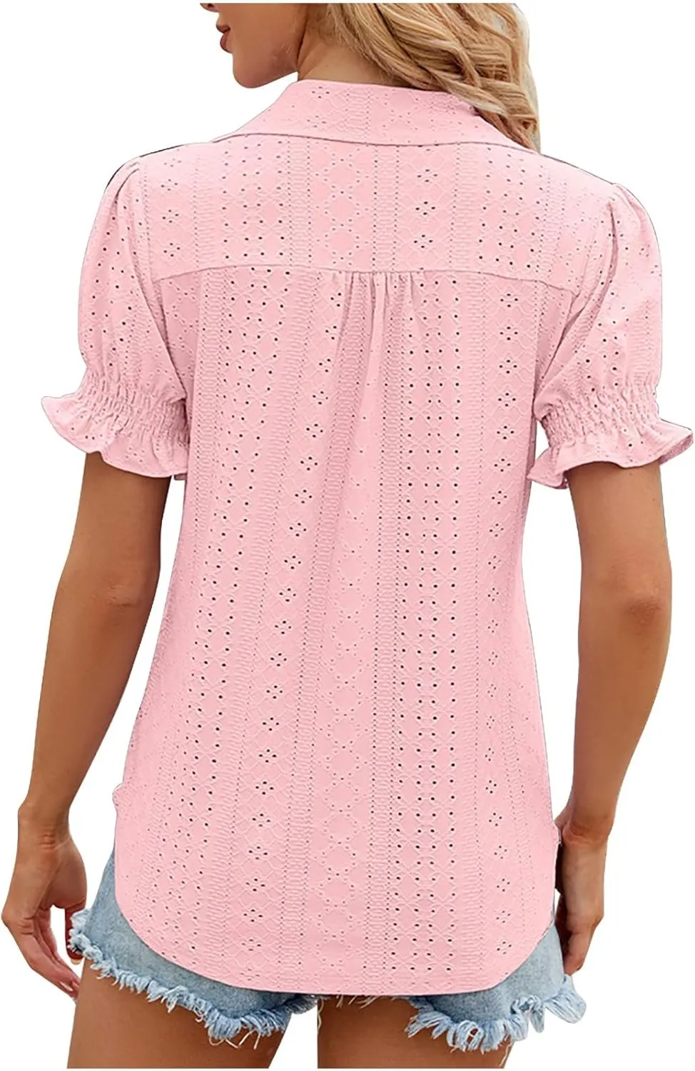 Womens Tops Summer Puff Sleeve Lapel V Neck Tshirts Eyelet Loose Fit Tunic Shirts Hollow Out Casual Tees Blouses