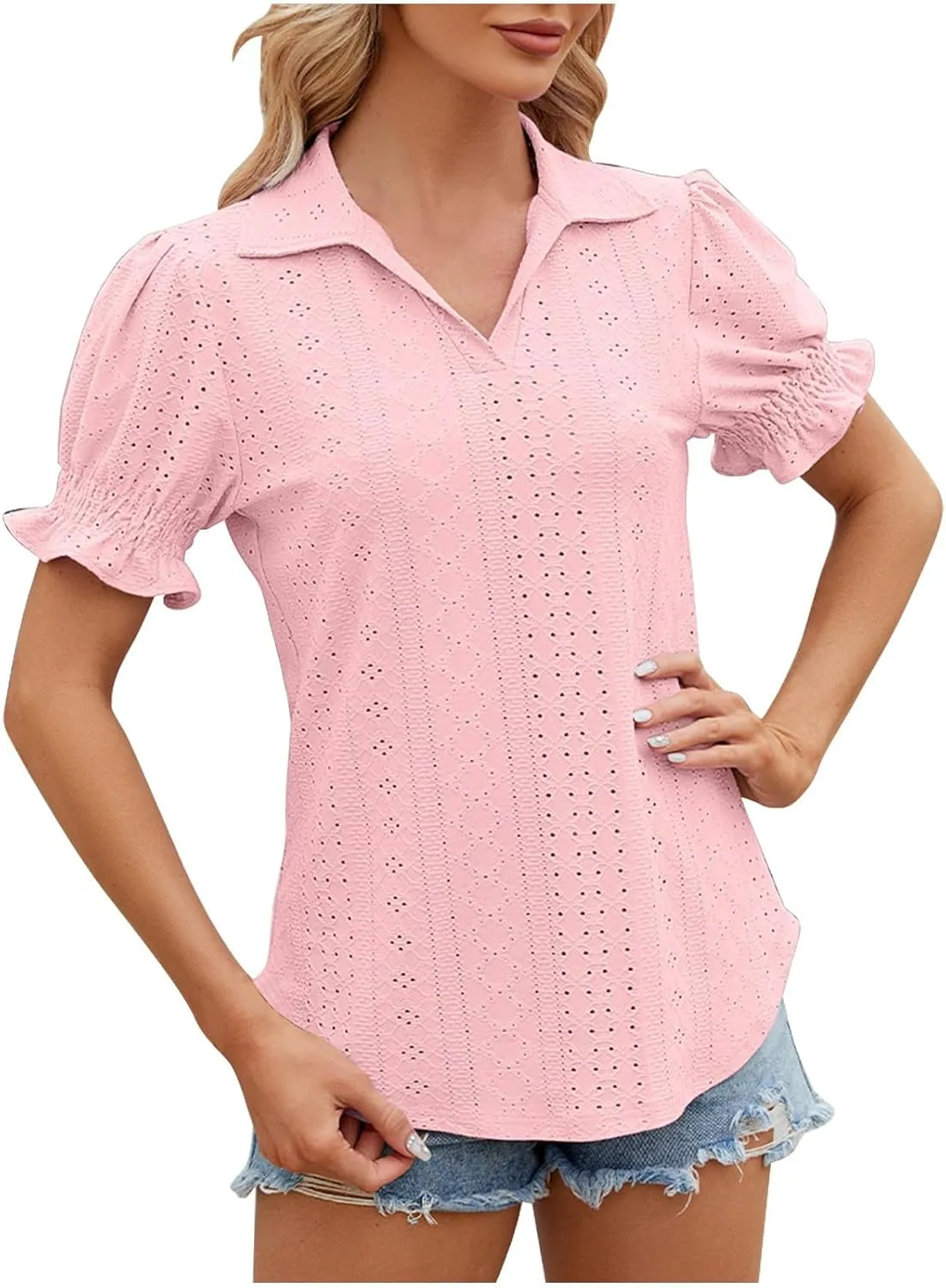 Womens Tops Summer Puff Sleeve Lapel V Neck Tshirts Eyelet Loose Fit Tunic Shirts Hollow Out Casual Tees Blouses