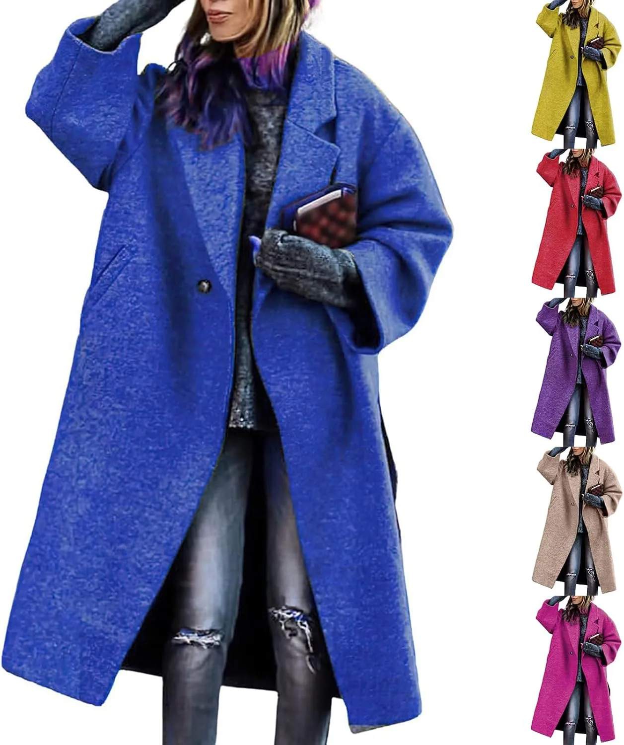 Womens Trench Coat Classic Single-Breasted Plus Size Overcoat Lapel Open Front Cardigan Wool Blend Outwerar