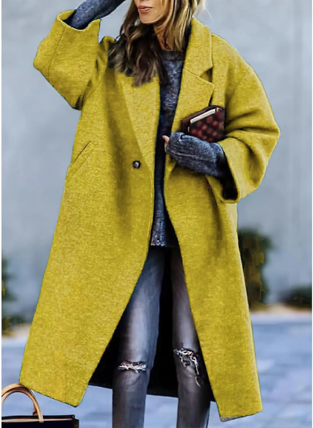 Womens Trench Coat Classic Single-Breasted Plus Size Overcoat Lapel Open Front Cardigan Wool Blend Outwerar