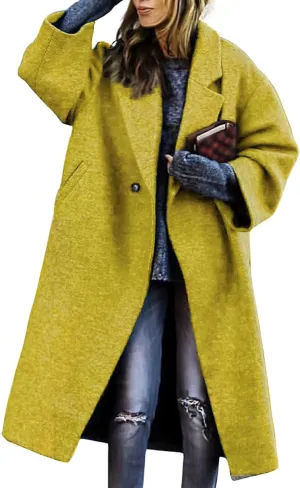 Womens Trench Coat Classic Single-Breasted Plus Size Overcoat Lapel Open Front Cardigan Wool Blend Outwerar